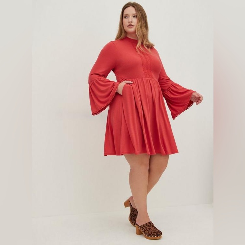 Torrid Retro 60s 70s Style Mini Jersey Mock Neck Skater Dress, Cranberry, Sz 1x - Picture 3 of 5
